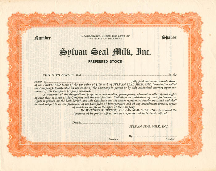 Sylvan Seal Milk, Inc. - Stock Certificate